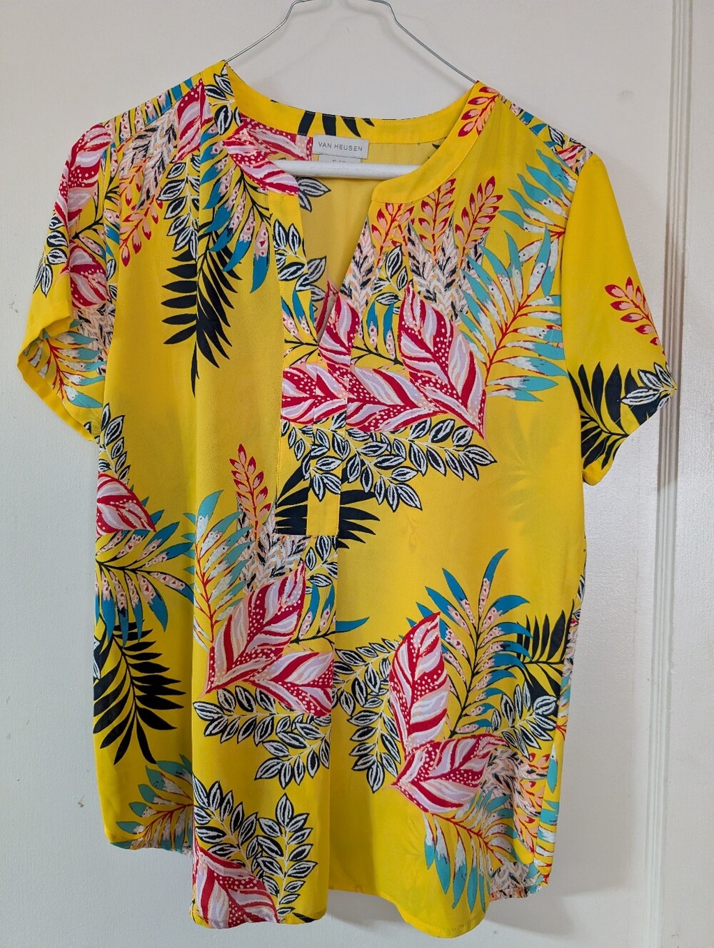 Van Heusen Yellow Tropical Leaf Print Short Sleeve Blouse